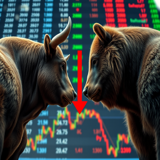 generate an image of a bull and bear facing each other with a downward red arrow between them in a digital stock market background, using a 50mm lens, f/1.8 aperture, ISO 100, shot from a low angle perspective with a cinematic style, high-resolution rendering