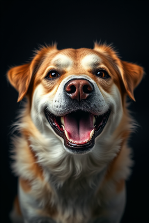 portrait of a smiling dog in a dark background, high resolution, f/2.8 aperture, ISO 100, 50mm lens, soft focus, natural lighting, DSLR camera