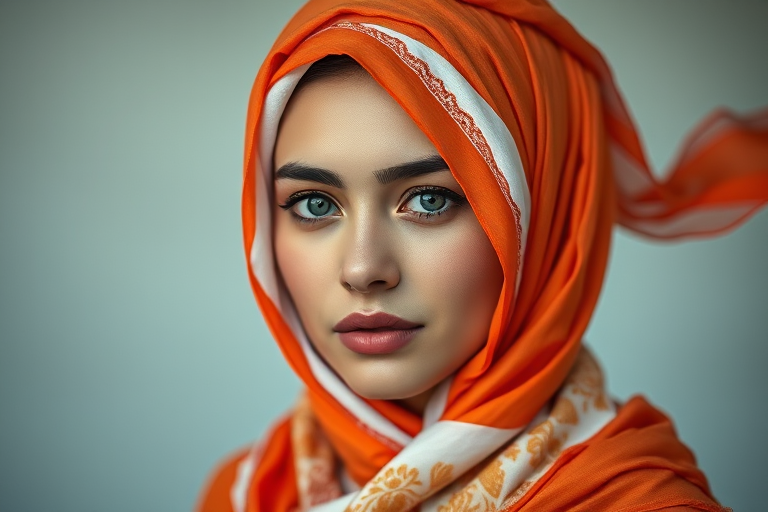 portrait of a young woman in an intricately designed orange and white headscarf with flowing fabric, soft focused background, using a Canon EOS R5, 85mm lens, aperture f/1.4, ISO 100, natural lighting for enhanced color vibrancy and depth.