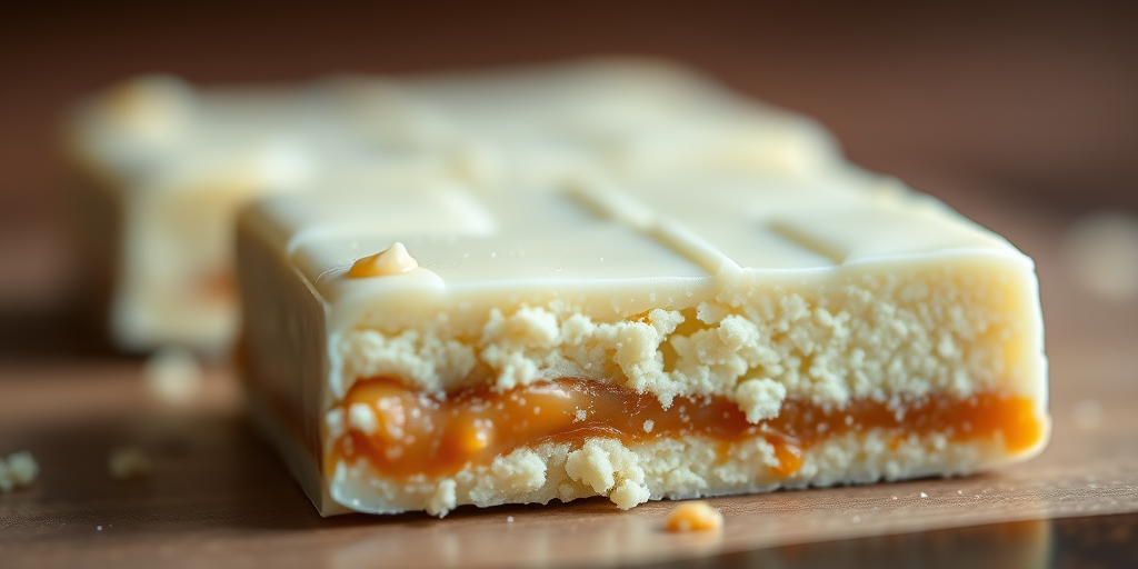 Create an image of a cross-section of a white chocolate-covered dessert bar with a crumbly texture and a caramel layer, taken with a DSLR camera at f/2.8 aperture, 50mm lens, with natural lighting and a shallow depth of field to enhance detail and background blur.