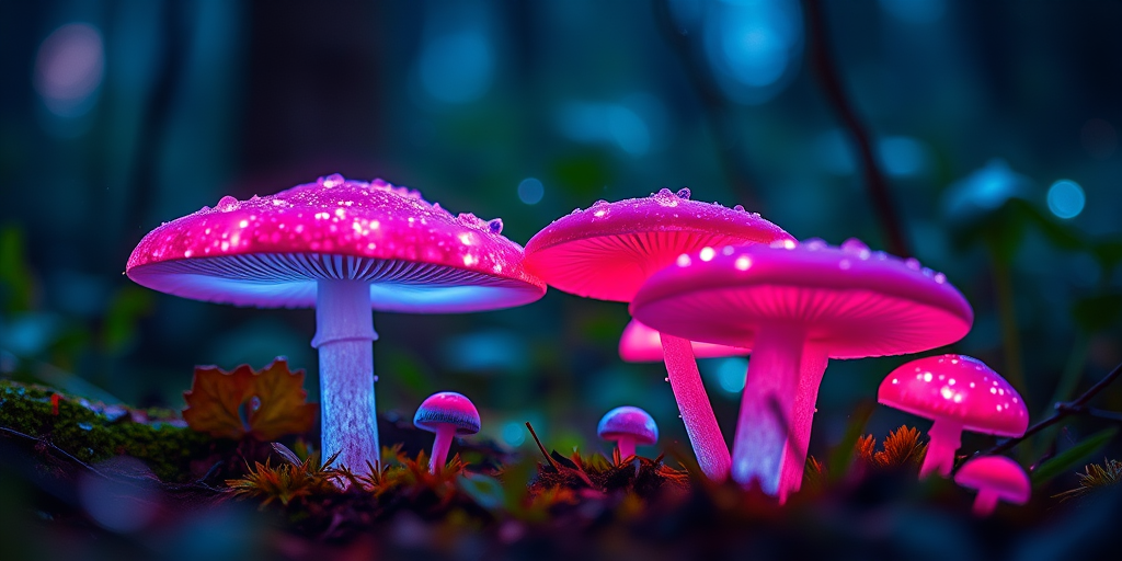 A vibrant, magical forest scene featuring glowing mushrooms with bioluminescent caps in shades of pink and blue, surrounded by sparkles and soft bokeh, captured with a Canon EOS R5, 50mm lens, f/1.8 aperture, 1/100s shutter speed, ISO 200, in macro photography style.