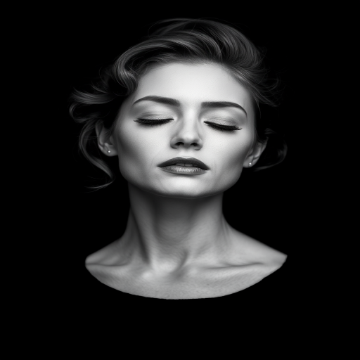 Generate a high-contrast black and white portrait of a woman with a vintage hairstyle and closed eyes against a solid black background, captured with a DSLR camera at f/2.8, ISO 100, 50mm lens, soft focus technique, and studio lighting for enhanced details.