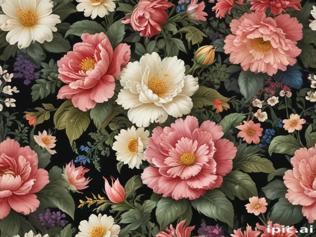 Vibrant Floral Pattern Featuring Various Colorful Flowers Against a ...