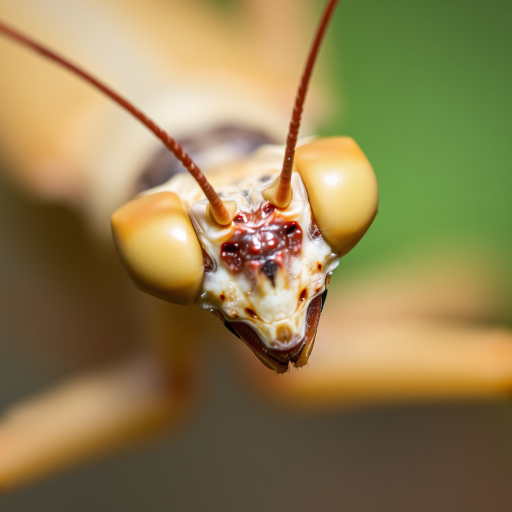 Close-up of a praying mantis with sharp focus on its face, shallow depth of field, natural light, macro lens, f/2.8 aperture, ISO 100, 1/200 sec shutter speed, taken with a DSLR camera.
