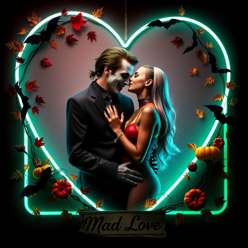 The Joker, neat, wearing a black suit and a beautiful Harley Quinn with long hair, both romantic, hugging and cuddling in the middle of a neon linen black heart frame decorated with dead leaves, bats, and small pumpkins, with a label at the bottom that reads 'Mad Love' made of linen, in a photo realistic style.