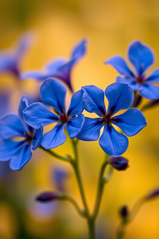 photograph of vibrant blue flowers with a soft golden background, macro lens, aperture f/2.8, ISO 100, shutter speed 1/200s, natural lighting, taken with a DSLR camera, shallow depth of field