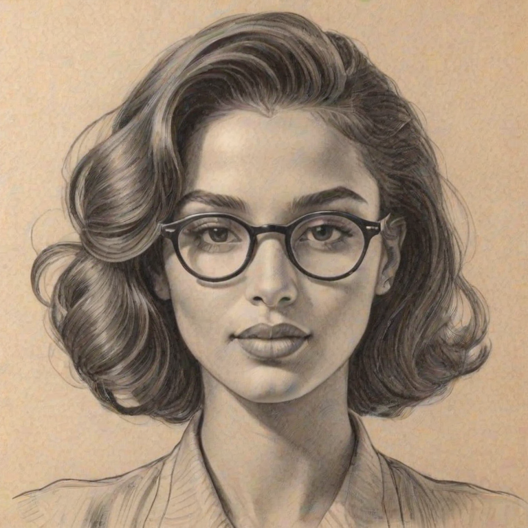 Charming Ciara, pencil sketch, portrait of Captivating woman 1941s in glasses, hair style beatnik, outline, clear lines, fine lines, 8k