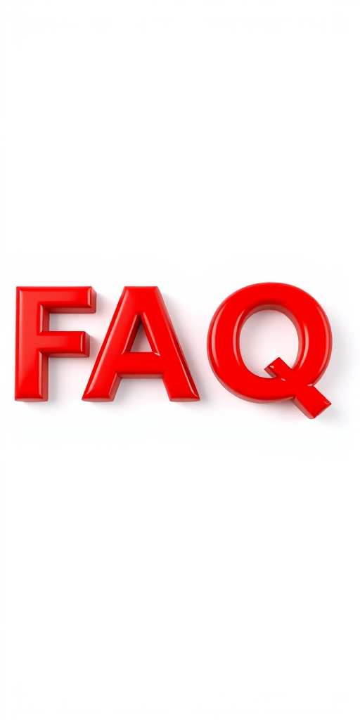 3D text "FAQ" in bold red with a glossy finish on a white background, taken with a Canon EOS 5D Mark IV, 50mm lens, f/2.8, ISO 100, natural lighting, shallow depth of field.