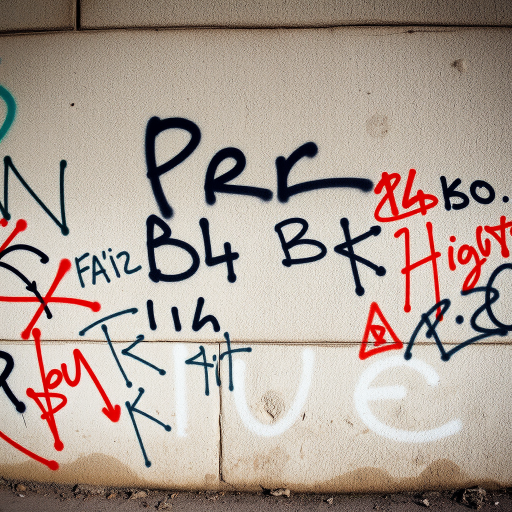 generate a high-resolution image of a textured wall covered in graffiti and markings, using a DSLR camera with a 50mm lens at f/8, ISO 200, shutter speed 1/125 sec, taken from a straight-on view with natural lighting for enhanced detail and depth