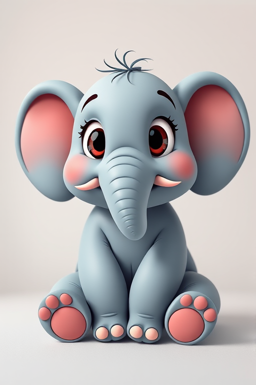 Create a cute cartoon elephant sitting down with large expressive eyes and a playful expression, using a Canon EOS 5D Mark IV, 50mm lens, aperture f/1.8, ISO 100, focus on subject with a shallow depth of field, vibrant colors and smooth outlines, bright lighting and a soft gradient background.