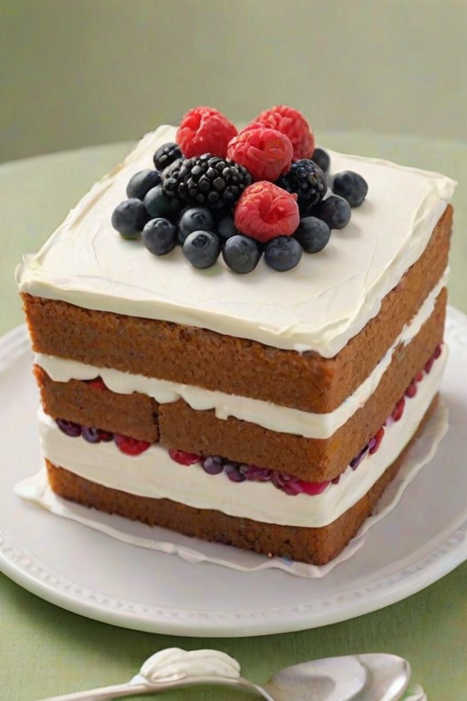 Create an image of a square cake with a smooth white frosting. The cake should have a minimalist design, featuring fresh berries like blueberries, raspberries, and blackberries, along with white roses and green leaves placed around the sides. The background should be simple and light to emphasize the cake's elegance.