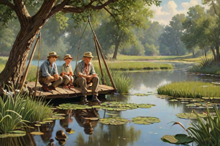 Imagine a small group of old fashioned young boys out fishing by the creek, a swing hanging from a tree branch, reeds and grasses by the water's edge, a frog sitting on a lily pad, dragonflies hovering over som water plans, a very iconic old fashioned scene reminiscent of a Norman Rockwell painting style