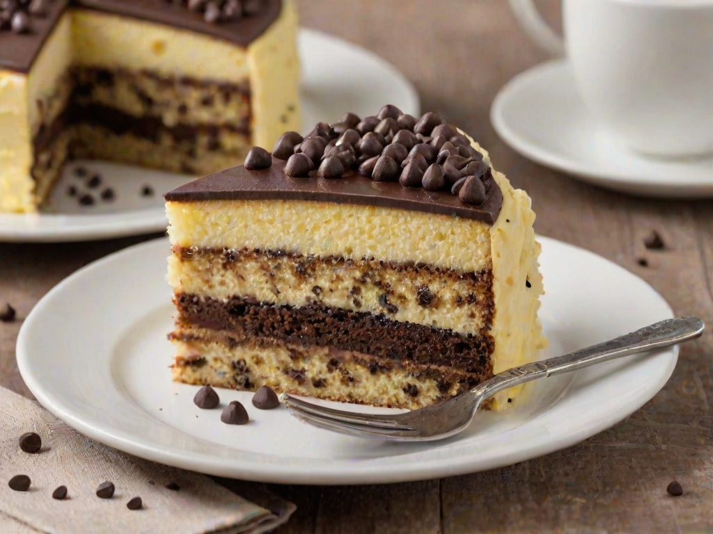 Generate an image of a slice of cake with a light yellow sponge, layered with a creamy filling and speckled with dark chocolate chips. The cake should be presented on a simple plate with a soft background, highlighting its texture and color.