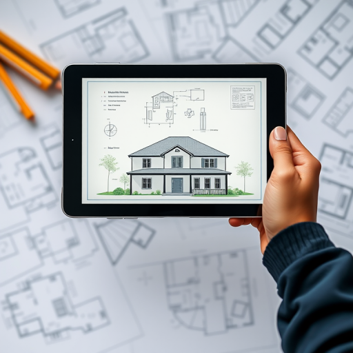 Create an image of a person holding a tablet displaying a house blueprint over a background of architectural plans, shot with a Canon EOS R5 at f/2.8, ISO 100, 1/250 sec, in portrait view and in a soft-focus style to enhance depth and clarity.