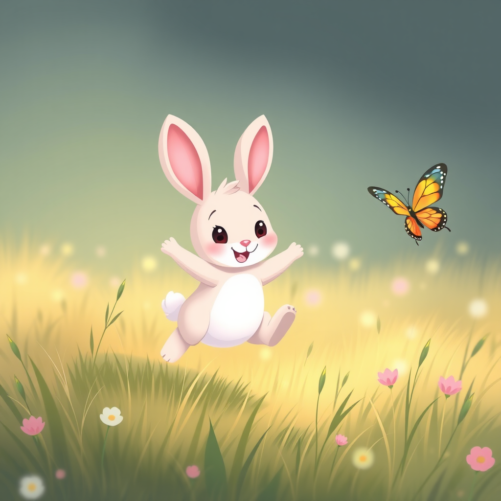 Create a cute cartoon rabbit jumping in a grassy field with a butterfly nearby, soft pastel colors, high-resolution digital illustration, DSLR camera settings: f/2.8, ISO 100, 1/250s, portrait orientation, natural lighting, illustration style.