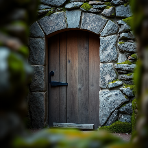 regenerate an ancient wooden door set in a stone wall with moss accents taken with a Nikon D850, 35mm lens, f/8 aperture, ISO 100, natural light, depth of field focused on the door while blurring the background
