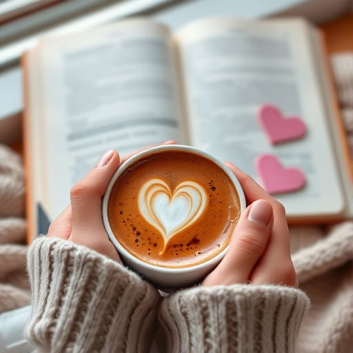 A cozy scene featuring a close-up of hands holding a steaming cup of coffee with a heart design in the foam, an open book with blank pages in the background, two pink heart cutouts beside the cup, shot with a Canon EOS R5, 50mm lens, f/1.8 aperture, ISO 100, soft natural lighting from a window, shallow depth of field for a dreamy effect.