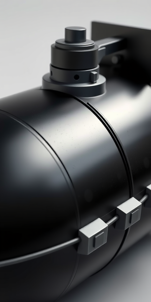 regenerate a high-resolution image of a large bomb with a sleek black surface and metallic fins, captured with a DSLR camera, 50mm lens, f/1.8 aperture, ISO 100, and side lighting for enhanced details and contrast