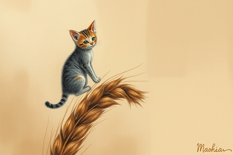 Soft, muted Alcohol Ink with ebru effect background image of tiny whimsical cat, who climbed high on the top of a golden rye ear.