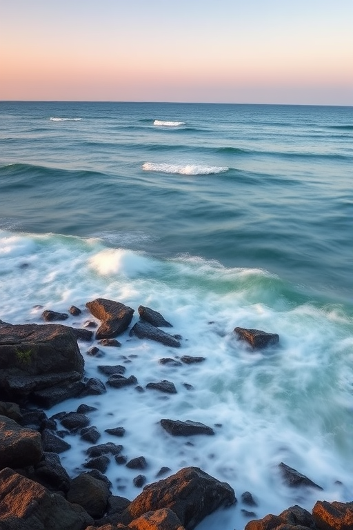 ocean landscape with rocky shoreline and waves crashing, long exposure for motion blur, soft pastel sky, 24mm lens, f/11 aperture, ISO 100, tripod mounted, sunlight during golden hour, high dynamic range imaging