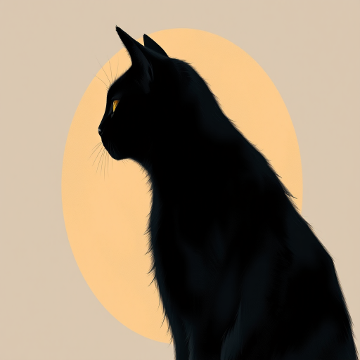 create an artistic illustration of a black cat in profile against a circular background, use a digital painting style with a soft-focus lens effect, set the camera to f/8 for depth of field, 50mm focal length, and a high-resolution format to enhance image quality