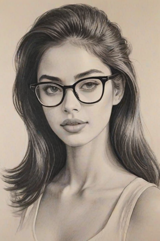 Delightful Cindy Kimberly, pencil sketch, portrait of Graceful woman 1959s in glasses, hair style beatnik, outline, clear lines, fine lines, 8k