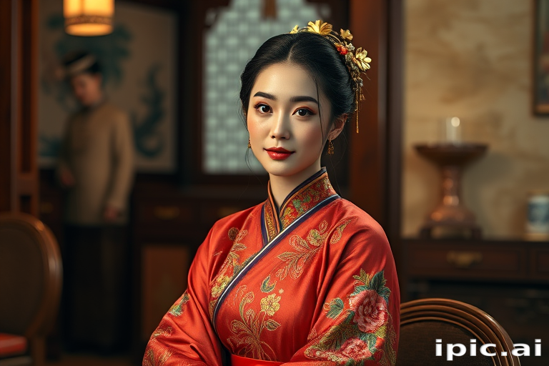 A beautiful woman in traditional East Asian attire, intricately detailed with embroidered patterns, sitting gracefully in a richly decorated room, soft ambient lighting, serene and elegant, ultra-realistic, 8K resolution