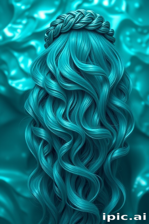 Vibrant teal mermaid waves cascading down to the waist, shimmering with iridescent highlights, creating a mesmerizing oceanic illusion with intricate braided details along the crown