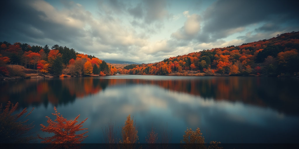 regenerate the image of a serene lake surrounded by vibrant autumn foliage with a dramatic sky, use a Canon EOS 5D Mark IV with an ISO of 100, aperture f/8, shutter speed 1/125 sec, 24mm lens, and soft diffused lighting for enhanced color saturation and clarity.