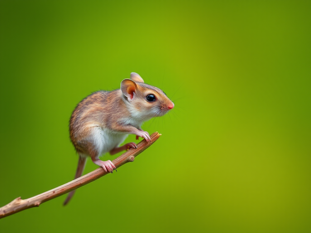 Capture a close-up shot of a small mouse perched on a slender rod, with a shallow depth of field to create a blurred, soft green background; use a DSLR camera, f/2.8 aperture, 50mm lens, ISO 200, and a shutter speed of 1/500s for sharp detail and vivid colors.