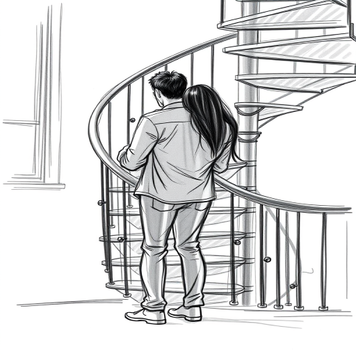 Create a high-resolution sketch of a couple, one partner carrying the other, standing near a spiral staircase, captured with a Canon EOS R5, 50mm lens, f/1.8 aperture, ISO 100, with a shallow depth of field and soft natural light from a window.