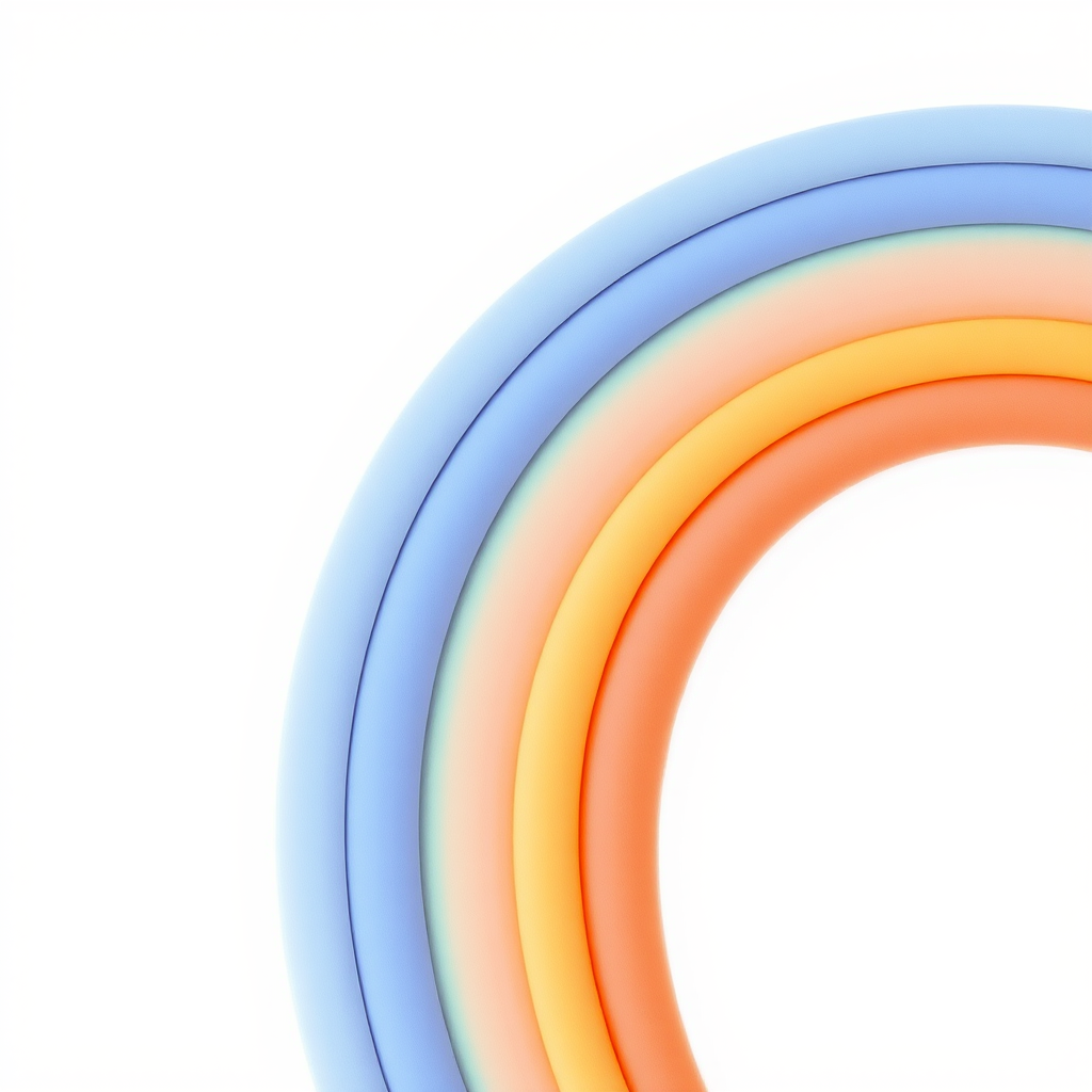 Create a vibrant and colorful illustration of a pastel rainbow with smooth arching lines against a soft white background, shot with a Canon EOS R5 at f/2.8, ISO 100, 35mm focal length, in natural light for an ethereal effect.