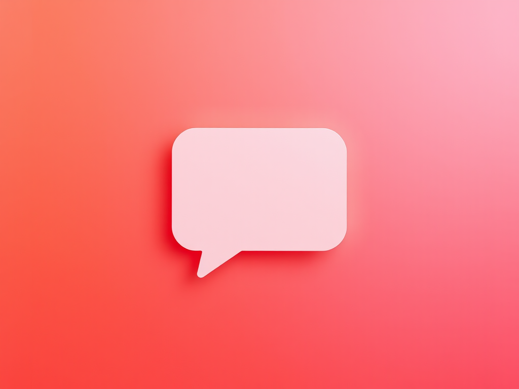 Create a minimalist design featuring a white speech bubble icon on a vibrant gradient background transitioning from deep orange to soft pink, captured using a DSLR camera with a 50mm lens at f/1.8, ISO 100, and a shallow depth of field to enhance the vivid colors.