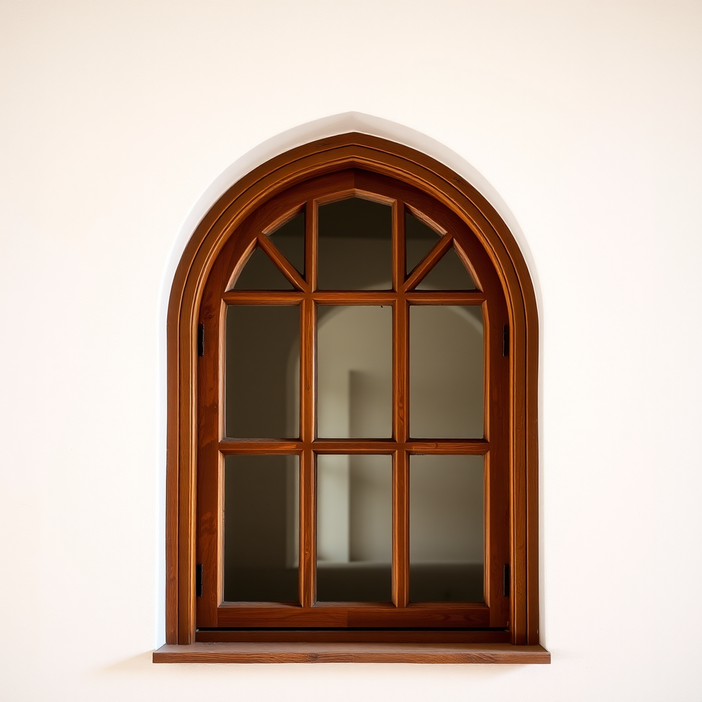 Generate a high-resolution image of an arched wooden window with sixpanes and a decorative grid, soft lighting, 50mm lens, f/4 aperture, ISO 100, with a slight vignette effect for depth.
