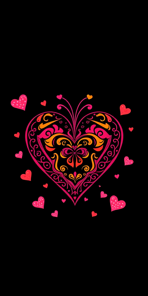 Create a vibrant illustration of a large, decorative heart with intricate patterns and smaller hearts in a playful style, set against a solid black background, using a digital drawing tablet with a resolution of 300 DPI. Focus on bright colors and high contrast, capturing fine details with a soft brush effect. Utilize a top-down view for added depth, mimicking a canvas art style.