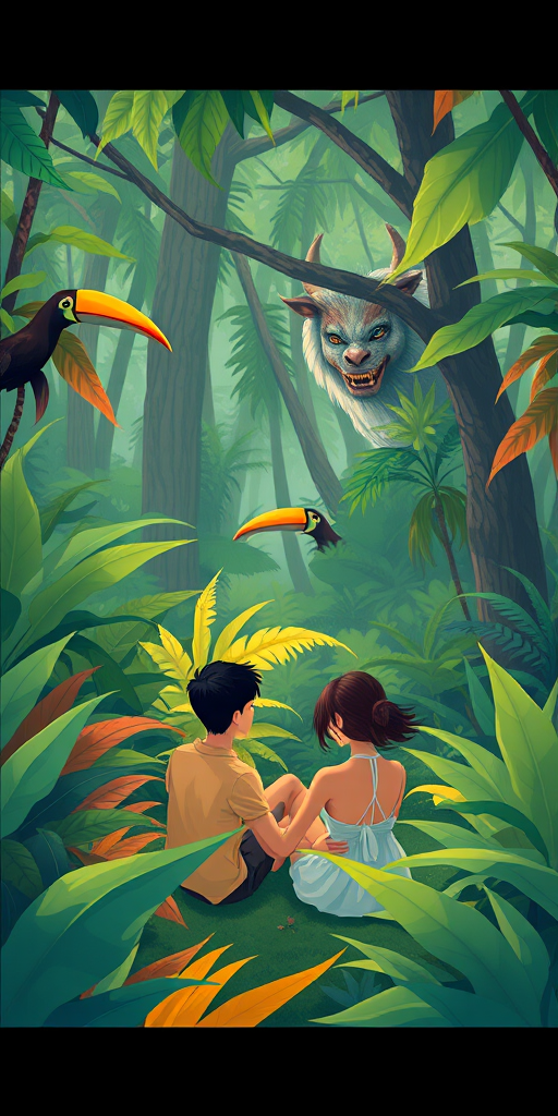 Create a vibrant illustration of a lush jungle scene with a couple sitting in foliage, include a mythical creature peeking through the trees in the background, shot with a Canon EOS R5, 24mm lens, aperture at f/8, ISO 100, using a wide-angle perspective for depth, in high resolution.