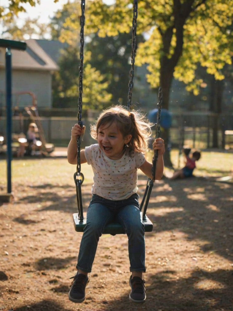 Blurry action shot of a child swinging high on a playground swing, their silhouette caught in mid-air, distant parents watching with smiles, and the sound of squeaking metal and laughter filling the air.