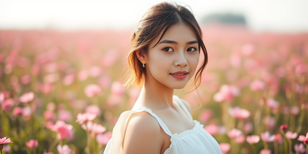 portrait of a young woman in a white dress standing in a field of pink flowers with soft natural light, aperture f/1.8, ISO 100, shutter speed 1/200s, shot from eye level using a DSLR camera with a 50mm lens