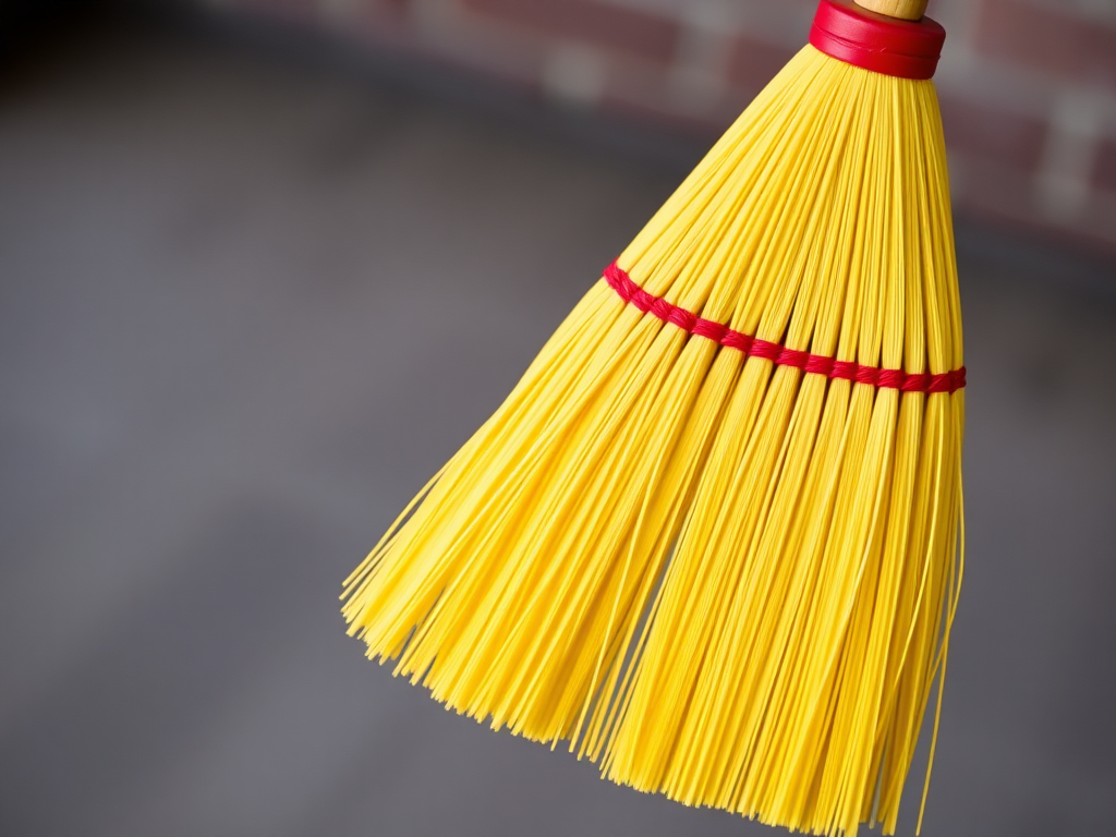 Create a high-resolution image of a yellow broom with a wooden handle and red band, using a DSLR camera at f/2.8 aperture, 50mm lens, 1/100s shutter speed, and natural light to enhance detail and color vibrancy, with a slight focus on the broom to create a soft background blur.