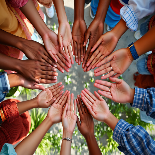 Create an image of diverse hands reaching towards the center in a circular formation, using a 50mm lens with f/2.8 aperture, soft natural lighting, top-down angle, and high-resolution digital format to enhance detail and clarity.