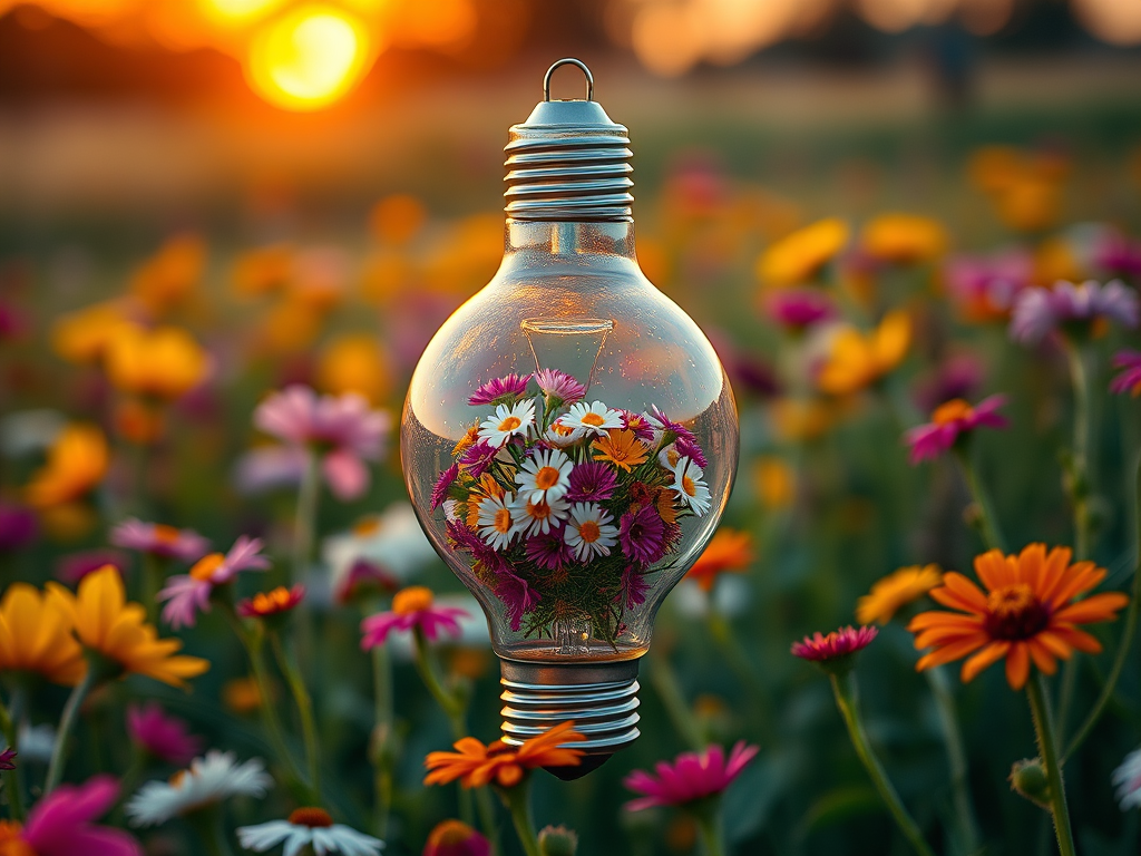 Generate an image of a light bulb filled with colorful flowers, surrounded by a field of blooming wildflowers during sunset, with a shallow depth of field, using a DSLR camera with a 50mm lens, aperture set to f/1.8, ISO 100, and a warm color temperature for enhanced lighting and detail.