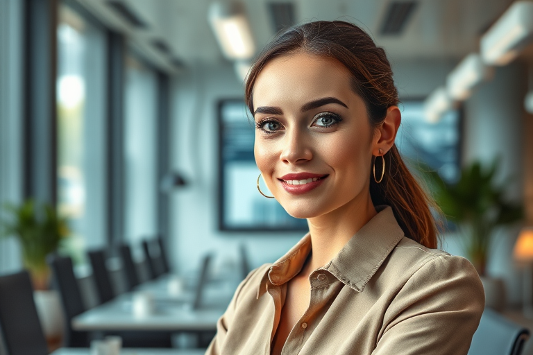 portrait of a professional woman in an office setting, soft watercolor style, f/1.8 aperture, 50mm lens, natural light, shot from eye level, high resolution