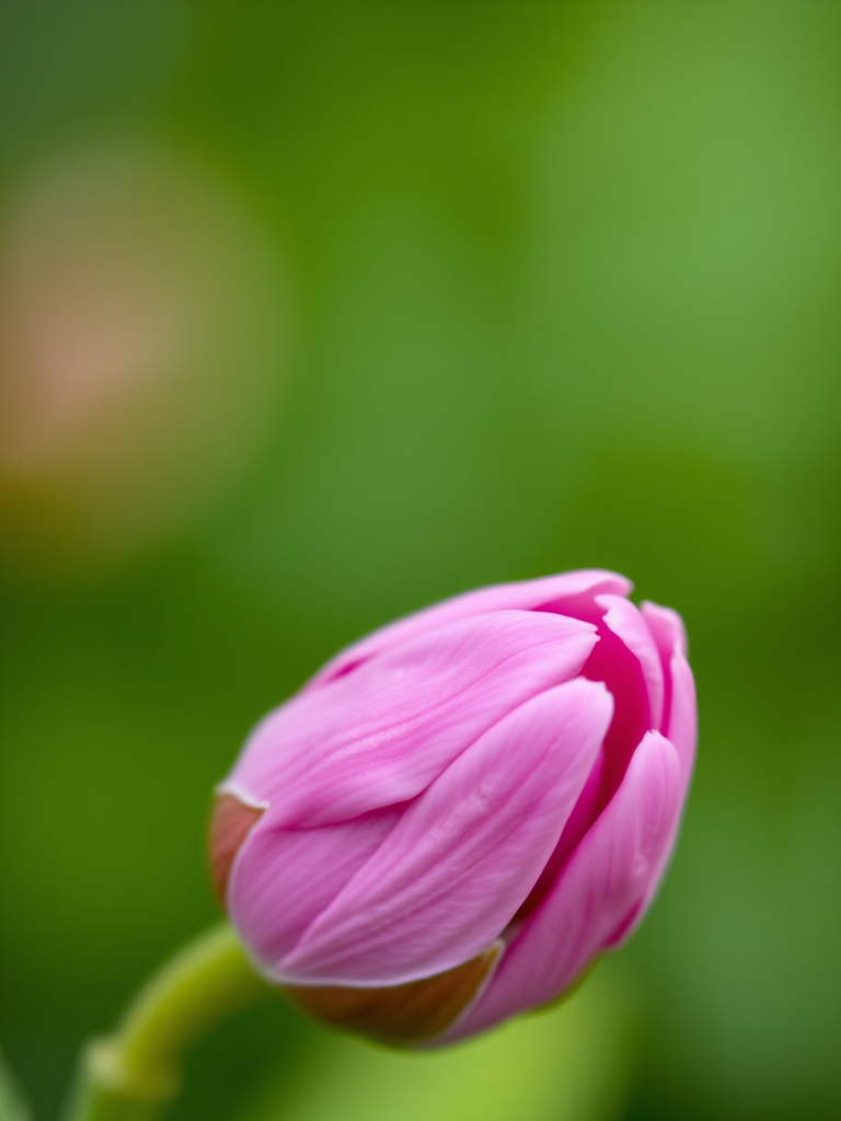 Close-up shot of a pink flower bud with a blurred green background, 50mm lens, f/1.8 aperture, ISO 200, natural light, macro photography.