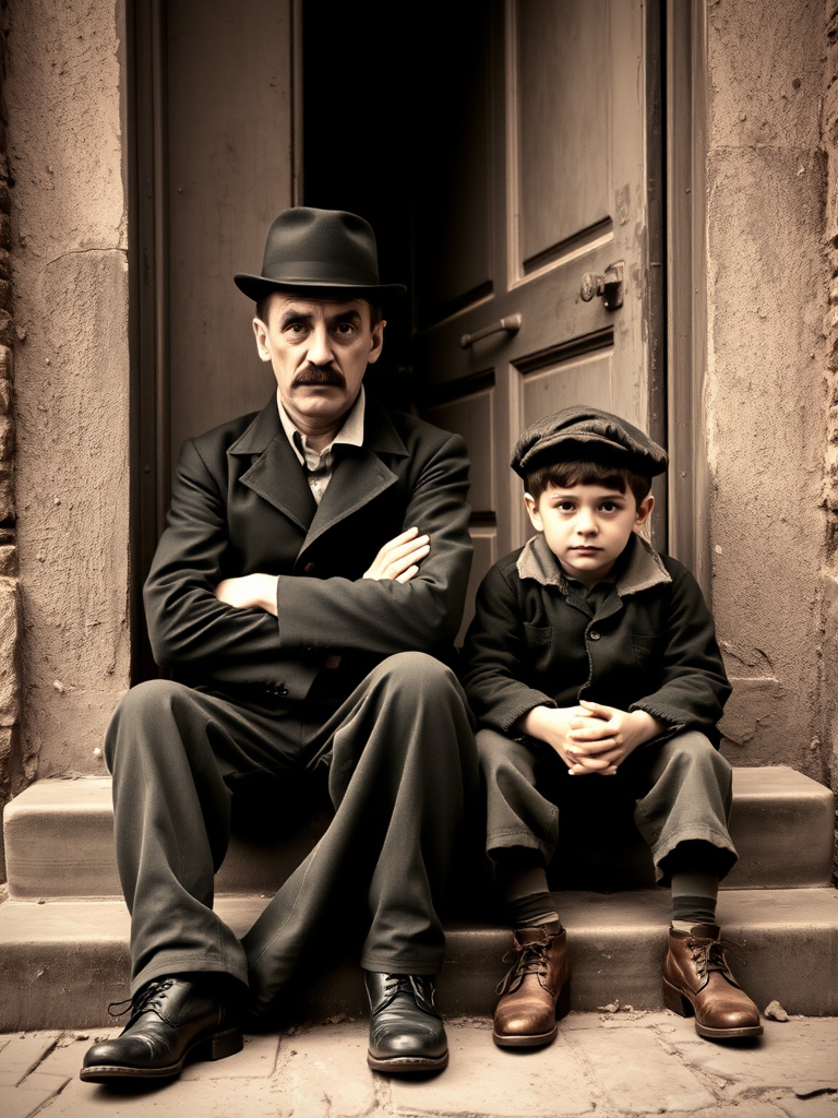 A black-and-white photograph of a man and a child sitting on steps in front of a doorway. The man is dressed as a tramp with a bowler hat, mustache, and ragged clothes, reminiscent of Charlie Chaplin's iconic look. He is sitting with his arms crossed and an expression of slight sadness or frustration. Next to him is a young boy, also in worn clothes and a cap, sitting with his hands clasped, looking thoughtful. The background is an old, textured wall and a partially open door, creating a vintage, early 20th-century atmosphere.