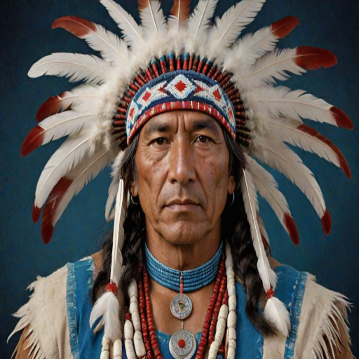 Create a dignified portrait of a Native American man dressed in traditional attire. He wears a beautifully crafted headdress adorned with white feathers and red beads, along with a beaded headband featuring intricate patterns. His clothing includes a deep blue, patterned shirt and a traditional chest piece with detailed beadwork. His arms are crossed, displaying leather armbands decorated with feathers. The background is simple and neutral, emphasizing his proud and stoic expression. The overall image captures the rich cultural heritage and strength of his persona.