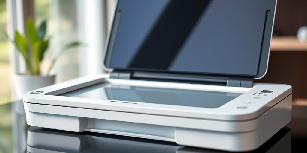 Create a high-resolution vector image of a modern scanner with a sleek design, focusing on the open lid revealing a glossy surface, use a 50mm lens at f/2.8 for a shallow depth of field, capture from a slightly elevated angle, and use natural lighting to enhance reflections and details.