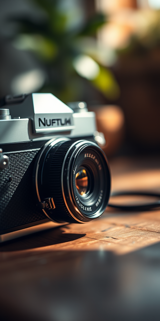 Vintage camera close-up on a wooden surface, soft natural lighting, depth of field focusing on the camera details, ISO 100, aperture f/2.8, shutter speed 1/60s, 50mm lens, DSLR camera, shallow focus photography.