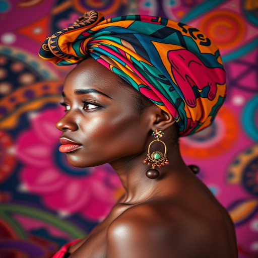 portrait of a woman wearing a colorful headwrap and earrings, vibrant background with abstract patterns, soft lighting, 50mm lens, aperture f/1.8, ISO 100, shot with a full-frame DSLR camera, side view