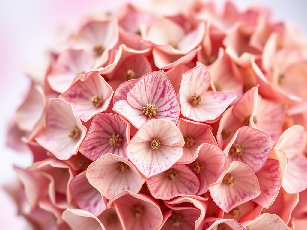 macro shot of dried hydrangea flowers with soft pastel background, f/2.8 aperture, 100mm lens, ISO 200, natural light, shallow depth of field, DSLR camera