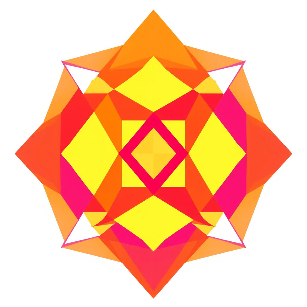 regenerate a vibrant abstract geometric design with overlapping triangles and contrasting colors of red, yellow, purple, and orange; use a high-resolution setting of 300 DPI, a wide-angle lens at 24mm, f/8 aperture for sharpness, and a softbox lighting style for even illumination, shot with a DSLR camera